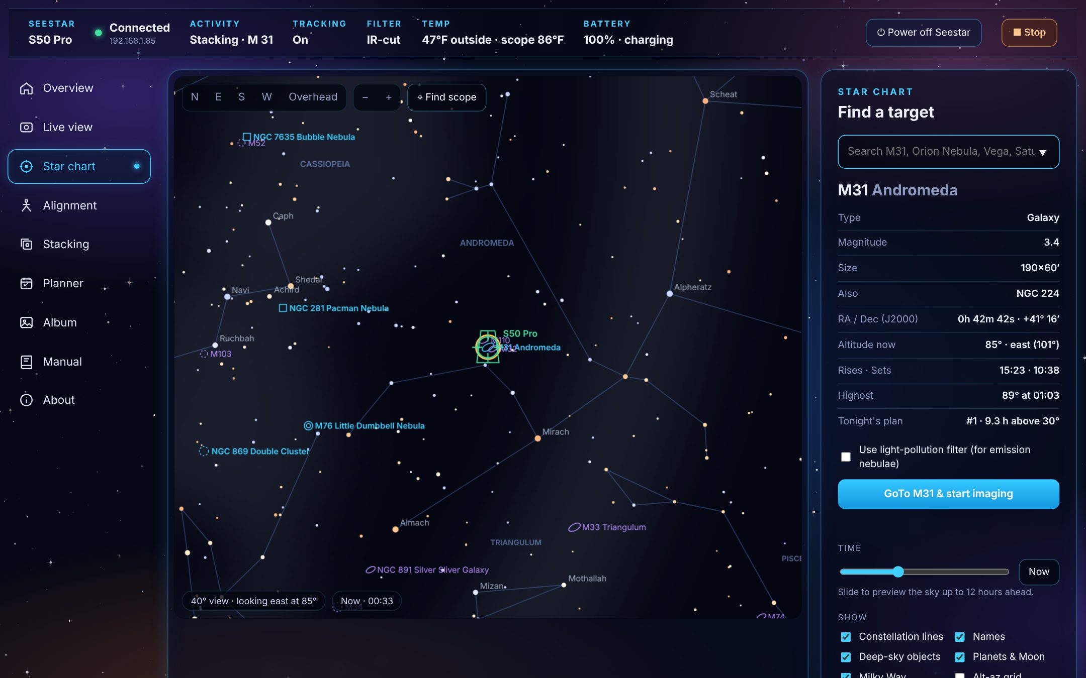 Star chart centred on the Andromeda Galaxy with its details and a GoTo button