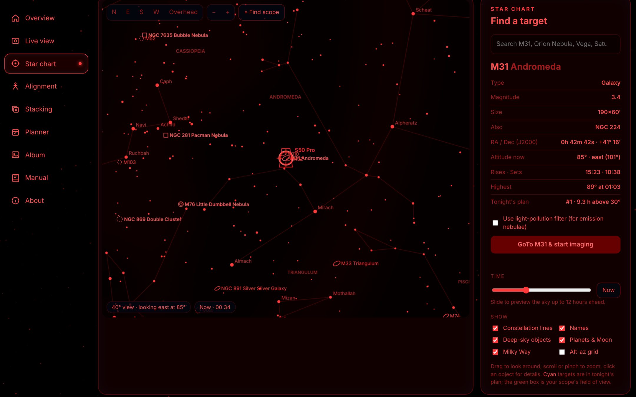 The star chart in red night mode