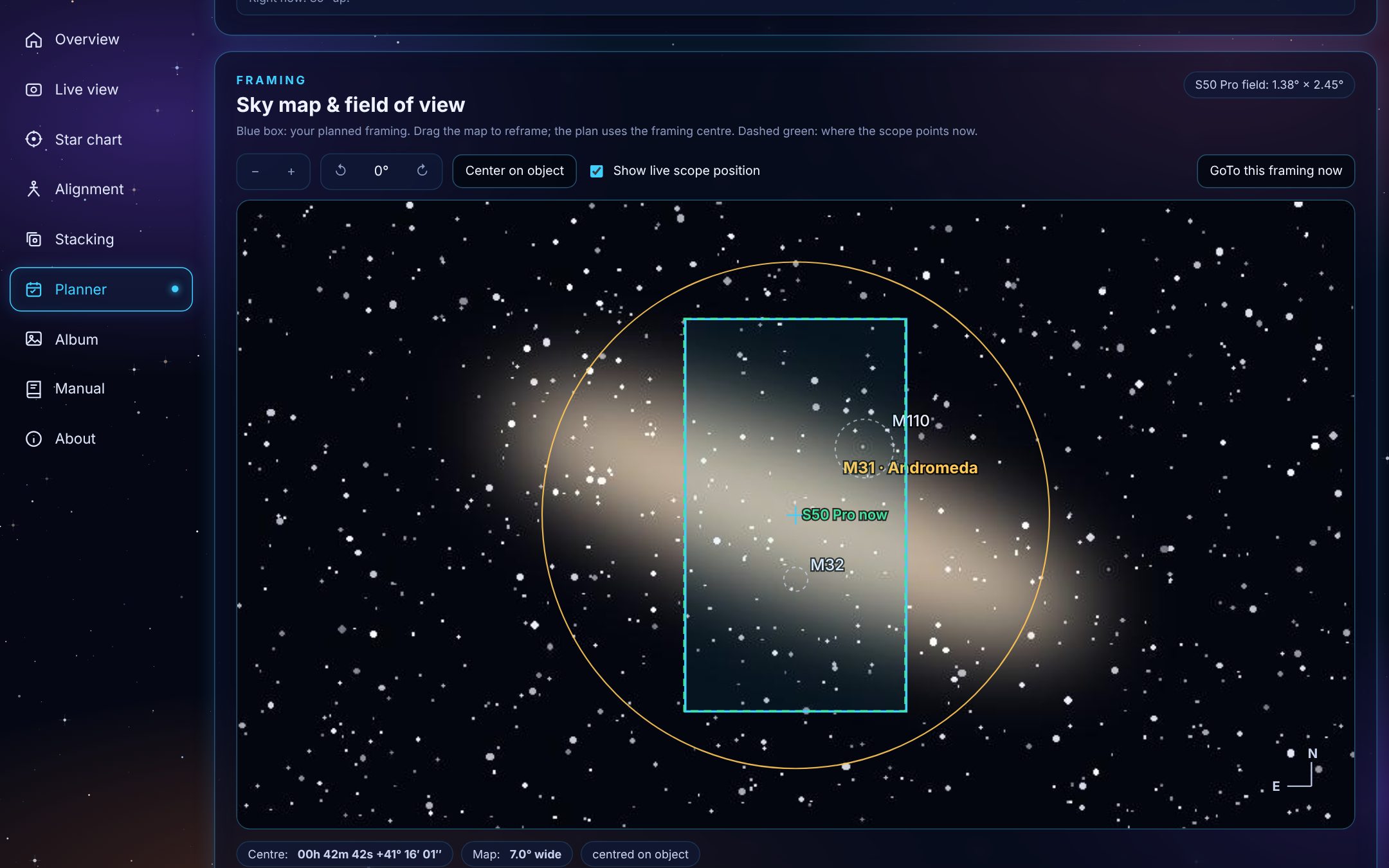 Planner framing map with the field-of-view box over the Andromeda Galaxy